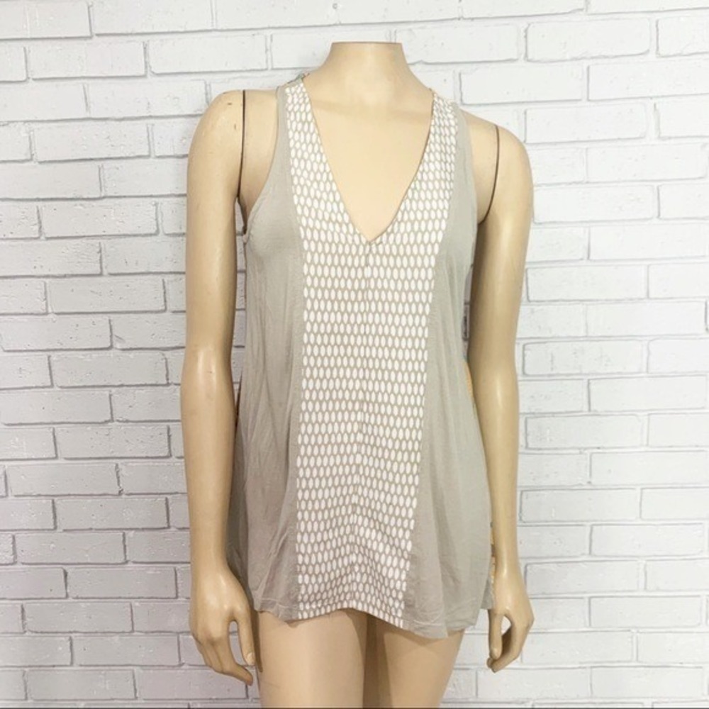 Porridge Taupe Geometric Medallion Print Mixed Media V-Neck Tank Top Boho Chic S